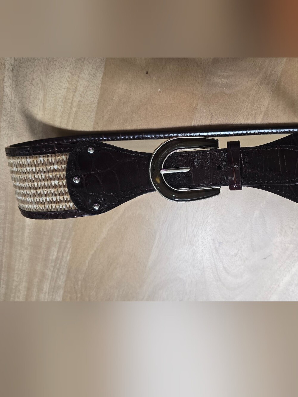 Calvin Klein Vintage Woven Straw & Croc-Embossed Leather Belt - Size Medium NWT